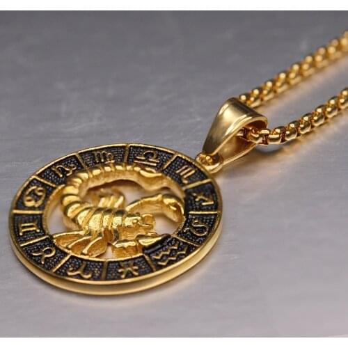 Zodiac Sign Leo Scorpio Pendant Necklace for Women/Men Gold Color Stainless Steel Round 12 Constellation Necklaces Dropshipping