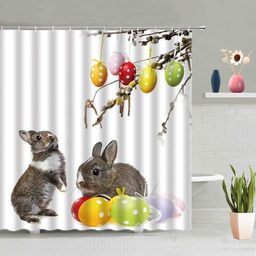 Easter Rabbit Shower Curtain Animal Colored Eggs 3D Printed Waterproof Hook Bathroom Screen Wall Hanging Curtains Set Home Decor