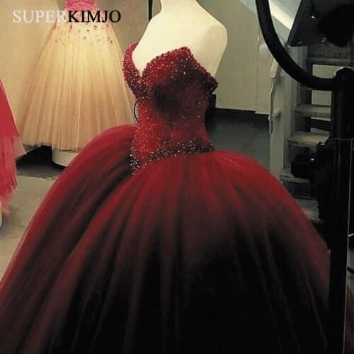 SuperKimJo Burgundy Ball Gown Wedding Dresses for bride Crystals Beaded Princess Boho Wedding Gowns Robe De Mariee