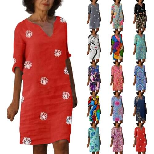 2021 New Women Fashion Printing Dress Summer V-Neck Half Sleeve Straight Dresses Female Retro litera Vintage Loose Dress Vestido