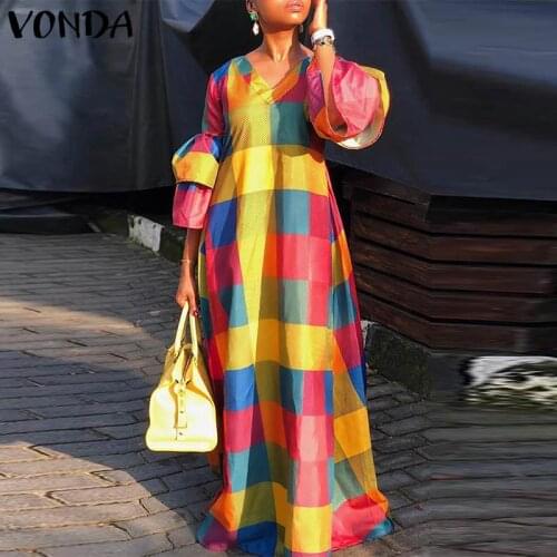 VONDA Women Dress Vintage Patchwork Plaid Maxi Dresses Bohemian Vestidos Casual Flare Sleeves 3/4 Sleeve V Neck Robe
