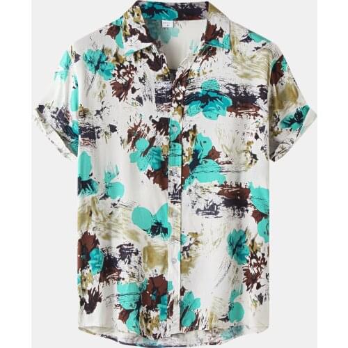 Plus Size Mens Shirts Summer Hawaiian Beach Flower Shirt Watercolor Floral Print Short Sleeve Button Turn-Down Collar Shirt
