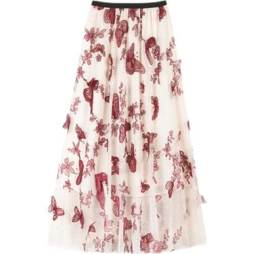 Skirt Woman 2021summer High Waist Butterfly Black Embroidery Yarn Skirt A-line Embroidery Mesh Streetwear Midi Long Skirt Female