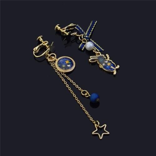 Clip On Asymmetric Earrings Non Pierced Irregular Earring Rabbit Pearl Star Pendant Earrings For Women Fashion Jewelry