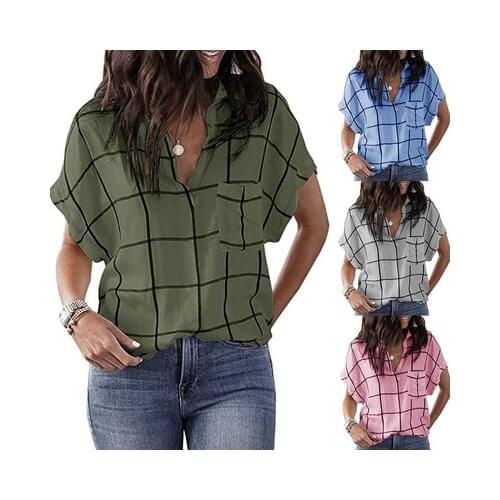 Womens Plaid Print Pocket Harajuku Top Pullover Ladies' All-match Casual Loose V-neck Bat T Shirt Short Sleeveslus Size S-3XL