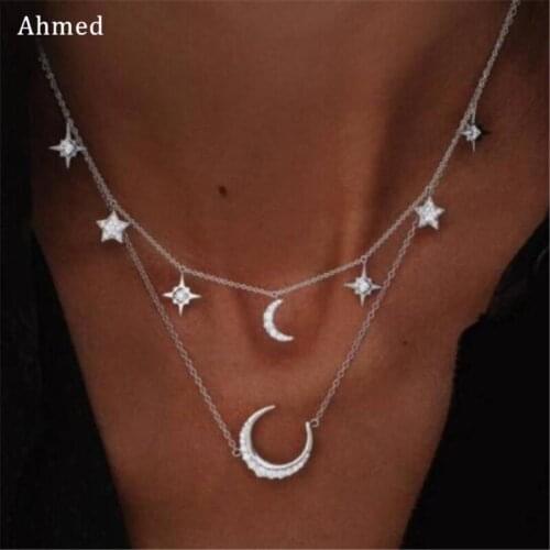 Ahmed Brand Stella Double layer Pendant Rhinestone Moon Necklace Gold Silver Luna Necklace Women Phase Star Necklace Wholesale