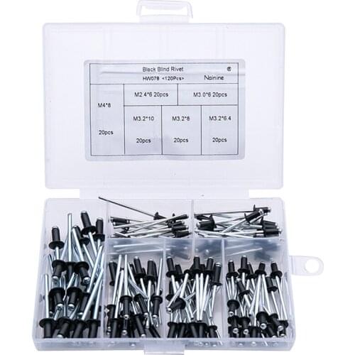 120Pcs/Set M2.4 M3.0 M3.2 M4 Black Aluminium Blind Rivets Nail Decoration Rivets For Furniture Assortment Kit Hw078