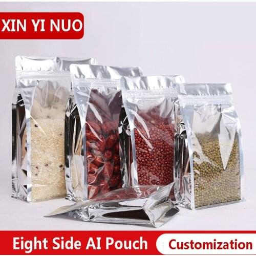 50pcs/lot Aluminum Foil Organ Self Seal Bag Snack Candy Sugar Nut Eight Side Self-sealing Bag Plastic Packaging Bag Logo Made