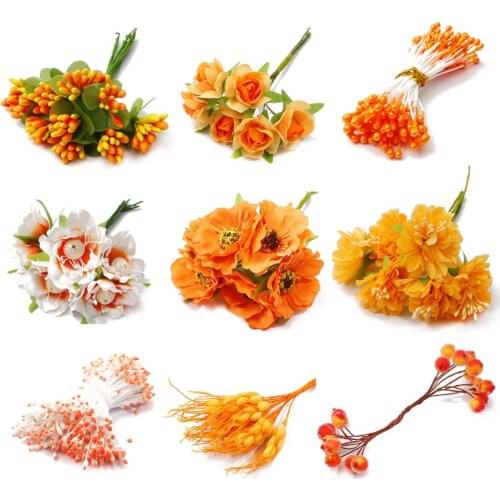 6-288pcs Orange Artificial Hybrid Flower Cherry Stamen Berries Bundle DIY Christmas Wedding Cake Gift Box Wreaths Decor