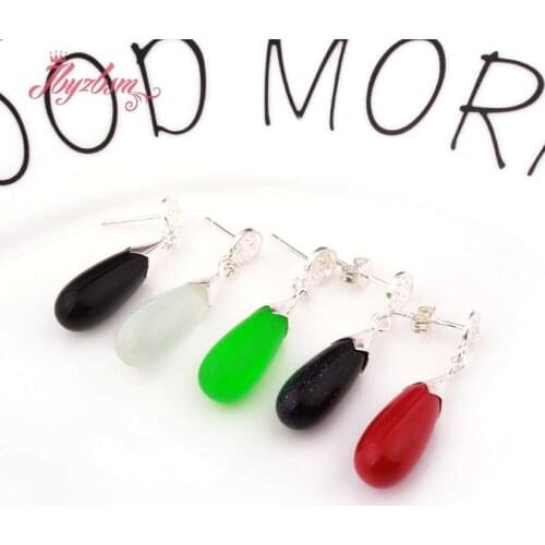 8x16mm Drop Beads Cat Eye Coral Agates Jades Beads Silver Dangle Jewelry Hoops Studs Earrings For Woman Gift 1 Pair