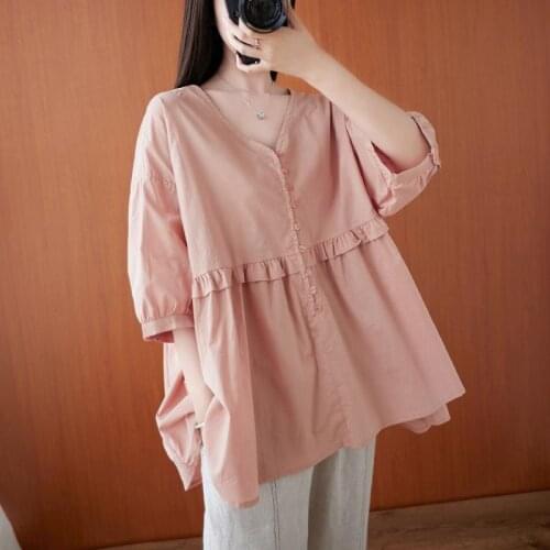 Women Cotton Linen Blouse Solid Color V Neck Half Sleeve Buttons Blusas Feminina Tops Summer Loose Plus Size Shirt 2021 Y978