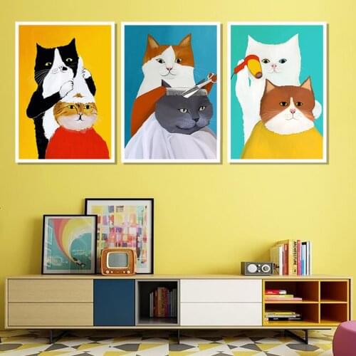 Funny Cartoon Animals Cat Barber Canvas Painting Nordic Style Kids Decor Wall Art Picture Nursery Baby Room Posters And Prints