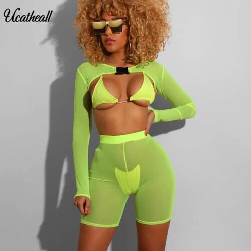 Sexy Solid See Through Mesh 4 Piece Set Women Summer Party Club Neon Color Outfits Beach Vacations Backless Tight Four Piece Set