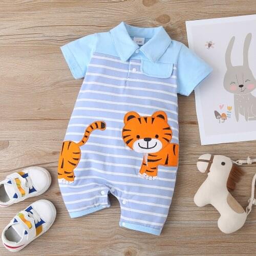 Toddler Summer Rompers Cartoon Tiger Print Stripes Turn-Down Collar Short Sleeves Jumpsuits for Baby Boys 3-18 Months