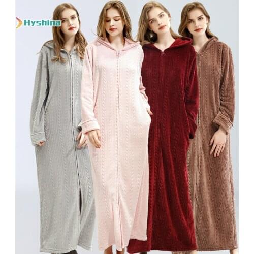 Hooded Nightgown Flannel Bathrobe Women Zipper One Piece Home Wear Extended Warm Pajamas Mens Hooded Nightdress