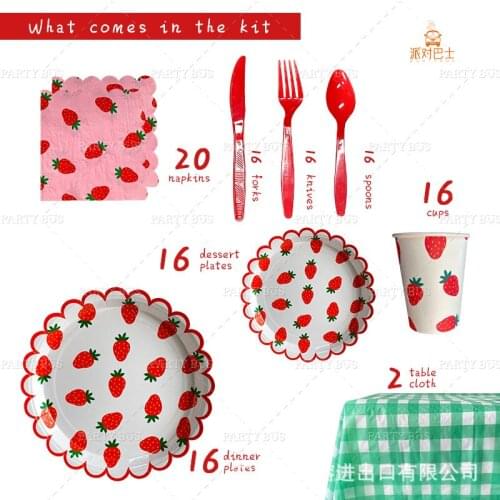 Disposable Tableware Set Supplies Paper Plates Saucer Cup Towel Tablecloth Fork Spoon Fresh Fruit Photo Strawberry Dinner Plate