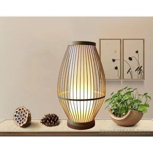 Chinese Style Bamboo Table Lamp Bedroom Study Bedside Living Room Decoration Retro Desk Light Handmade Woven Rattan Table Lamp