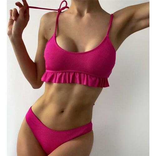 Sexy Rose Red Swimwear Women Bikini Set Bandeau Ruffle Swimsuit Push Up Micro Thong Bikinis 2021 Mujer Bathing Suit Biquinis