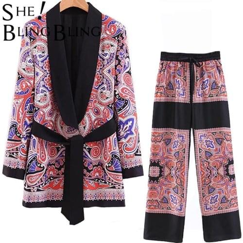 SheBlingBling Za 2021 Paisley Print Contrast Panelled Casual 2 Piece Sets Autumn Belt Blazers and Straight Pants Tra Women Suits