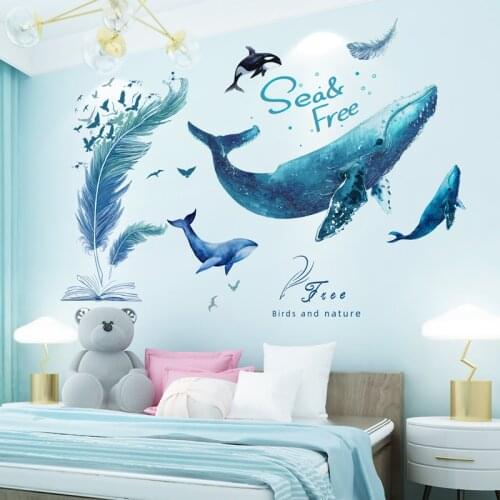 [shijuekongjian] Cartoon Feathers Wall Stickers DIY Whale Animal Wall Decals for Kids Bedroom Nursery Wardrobe House Decoration