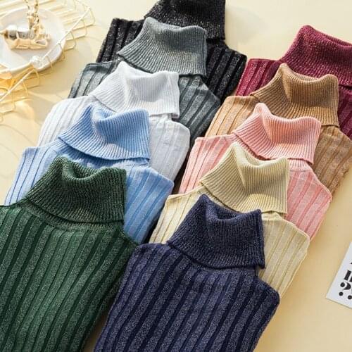 New Golden Silk Sweater Turtleneck Women Fashion Computer Knitted Casual Woman Sweaters Autumn Winter Slim Fit Lady Sweaters