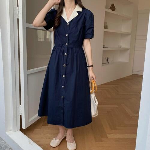 Vintage Midi Long Dress Summer New Puff Sleeve Woman Dress Single Breasted Notched Dresses YOU436