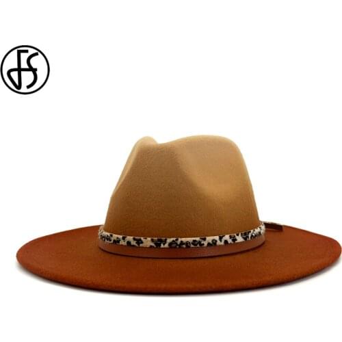 FS 2020 New Gradient Color Fedora Hat with Leopard Grain Belt Women Men Wide Brim Wool Felt Jazz Hats Fashion Panama Trilby Cap