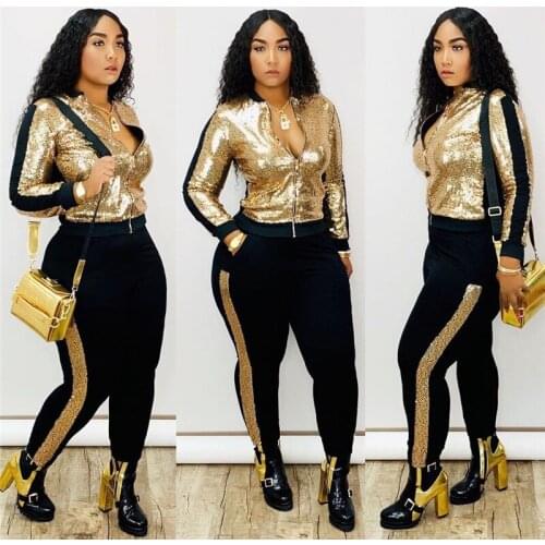 Sequin Tracksuit Women Two Piece Set Autumn Winter Clothes Zipper Jacket Top and Pants Sparky Matching Sets Female Club Outfits