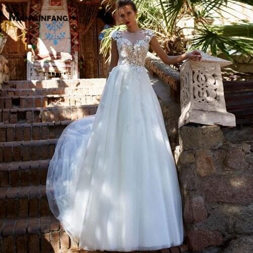 Custom Made O-Neck Embroidery Appliques Tulle Chapel Train Wedding Dress for Women Elegant Cap Sleeve Backless Bridal Ball Gown