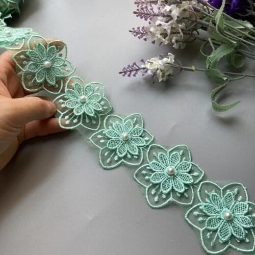2 Yard Green 5.5cm Pearl Double Flower Embroidered Lace Trim Applique Fabric Ribbon DIY Sewing Craft For Costume Hat Decoration