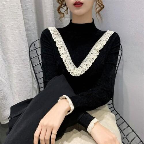 2021 Promotion Room 197502, Row 2, No. 4, Upper] Real Shot Velvet Half High Collar Stitching Lace T-shirt 60