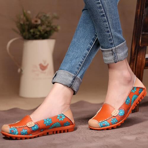 Comemore 2021 Ballet Summer Flower Print Soft Women Genuine Leather Shoes Woman Flat Flexible Nurse Peas Loafer Flats Appliquesm