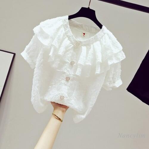 White Chiffon Blouse Woman New Spring Summer Short Sleeve Lace Top Ruffles Shirts Girls Ladies All-Match Tops Blusas Mujer
