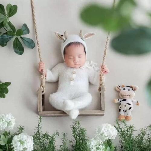 Newborn Photography Accessories Rope Wooden Swing Baby Photo Props Outfit Clothes Boy Mohair Knitted Bodysuit Hat Cow Doll Set