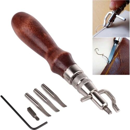 FATCOOL 5 in 1 DIY Leathercraft Tool Adjustable Pro Stitching Groover Crease Leather Tools Beveling Knife Sewing Wood+steel Edge