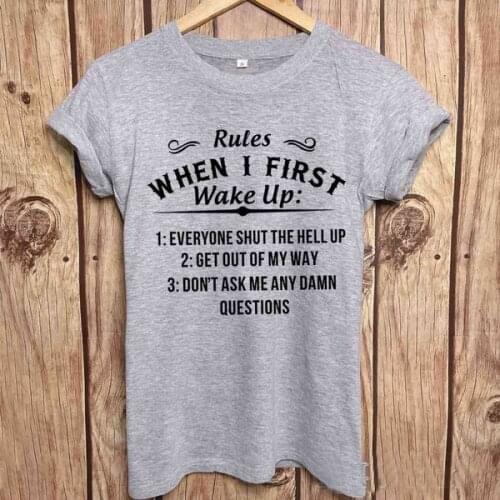 Unisex Graphic Tee with Funny Saying "Rules When I First Wake Up" Cotton t Shirt Tee for Spring Summer and Fall quote top R143