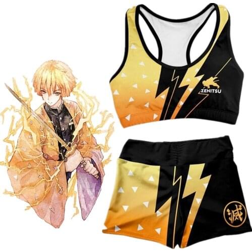 Fitness MMA Boxing Gym Anime Demon Slayer Agatsuma Zenitsu Cosplay Costume Sport Workout Running Short Bra Yoga Suit Tracksuit