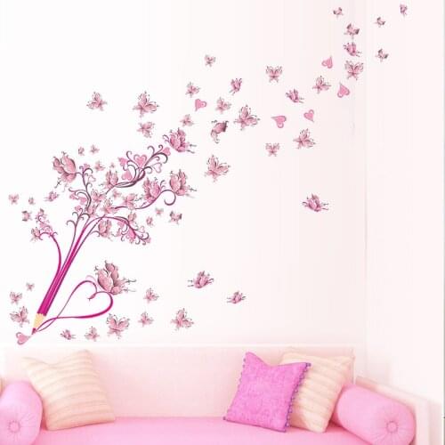 Creative pencil flying butterflies flower floral pvc wall stickers for living room home decor diy wall art removable decals gift
