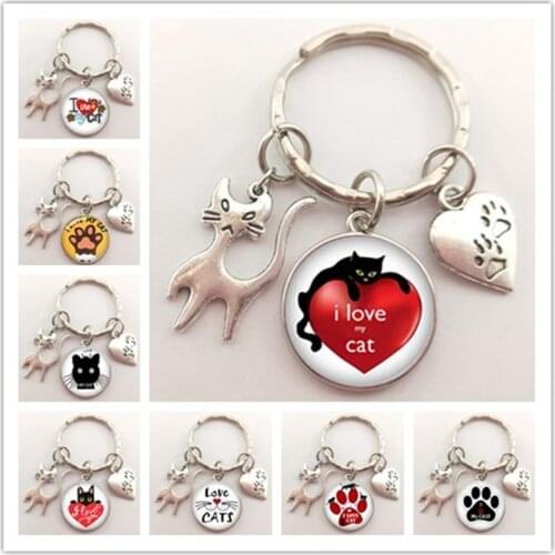 Creative Fashion Cute Animal Paw Print Keychain Cat Dog I Love Glass Pendant Mini Heart Key Ring Car Key Man Girl Gift Souvenir