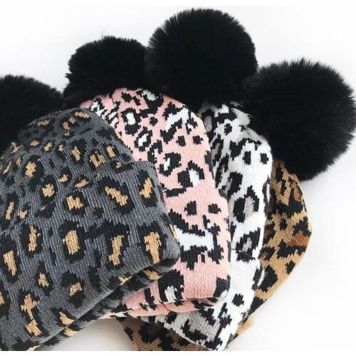 Leopard Baby Hats 2021 New Fashion Toddler Girl Boy Autumn Winter Accessories Mommy And Me Family Fluffy Balls Cute Beanie Caps