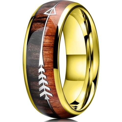 Fashion 8mm Gold Stainless Steel Ring for Men Women Hawaiian Koa Wood Arrow Inlay Hunting Ring High Polished Men Wedding Band