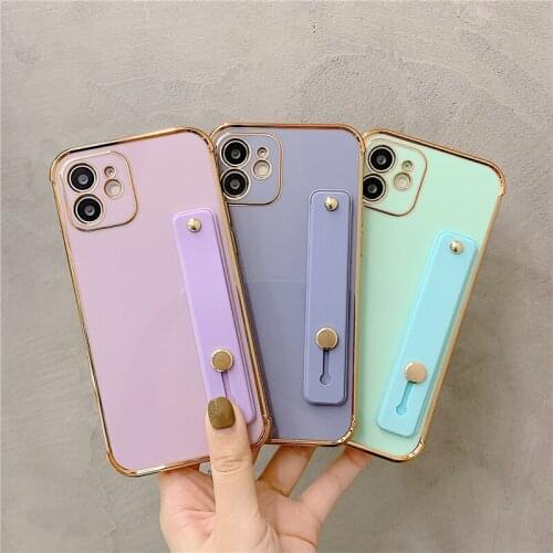 MrenewedM 12 Pro Max Luxury Gold Plating Silicone Phone Case For iPhone 11 XR XS MAX Wrist Strap Stand Cover On SE 2020 7 8 Plus