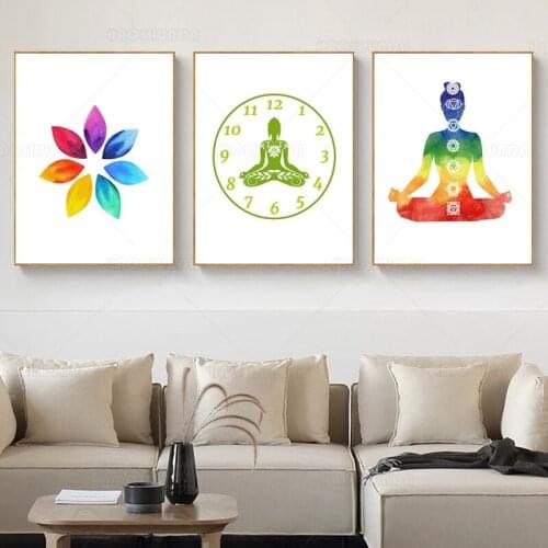 Yoga Chakras Wall Art Print Poster, Lotus Flower Watercolor Chakras Yoga Om Meditation Picture Canvas Painting Home Decor