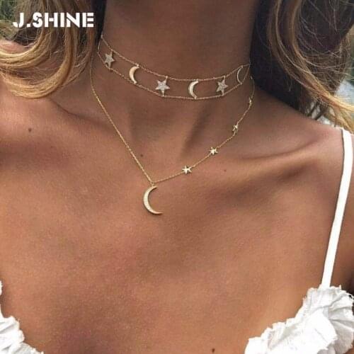 JShine Bohemian Gold Color Moons and Stars Pendant Choker Necklace Multi Layer Alloy Chain Necklace for Women Fashion Jewelry