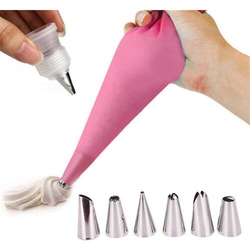 Silicone Icing Piping Cream Pastry Bag + 6 Stainless Steel Cake Nozzle DIY Cake Decorating Tips Fondant Pastry Tools