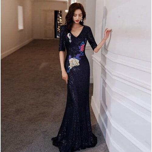 V-neck Sequins Mermaid Evening Party Dress Half Sleeve Embroidery Applique Formal Long Evening Dresses 2020