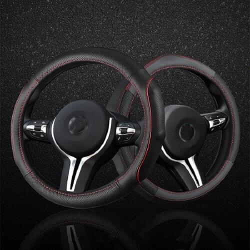 38cm Breathable Sports Style Genuine Leather Car Steering Wheel Cover Anti-skid Black with Red Line for Four Seasons Universal