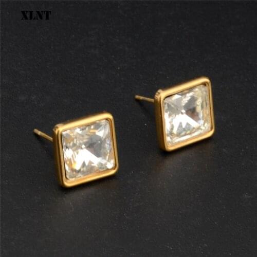 XLNT Luxury Square Austrian Cubic Zirconia Stud Earrings for Women Fashion Stainless Steel Bridal Girl Jewelry