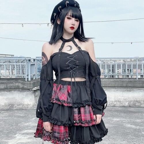 2021 Summer Punk Skirt Women Red Plaid Patchwork High Waist A-line Gothic Skirt Rock Hot Girl Skirt