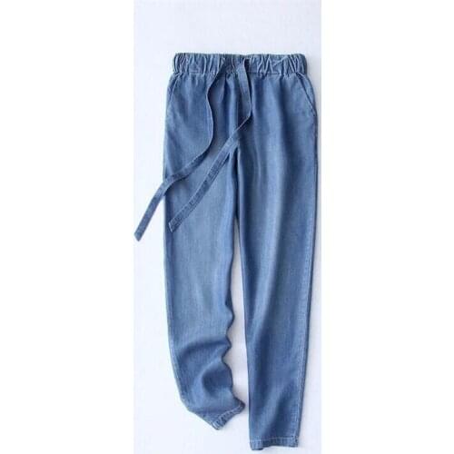 Women Trousers 2020 Women Summer Cotton Harlan Jeans Elastic Waist Trousers Thin Denim Pants Womens Elastic Pencil Jeans Black